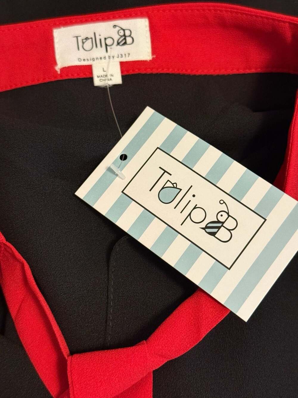 Tulip B Black & Red Contrast Tie Neck Blouse Puff Sleeve Retro Secretary Size L - Picture 4 of 4